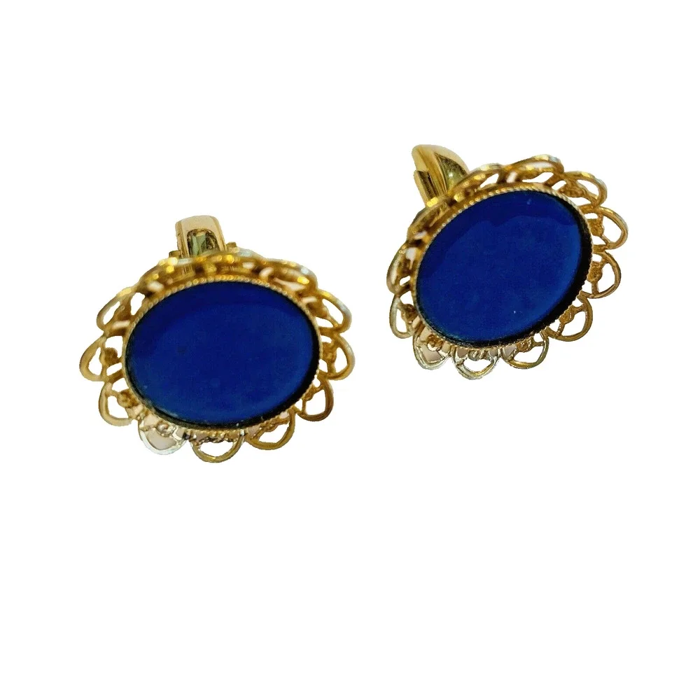 Vintage Mid Century Cufflinks Blue Enamel Rounds Gold Tone Filigree Surround